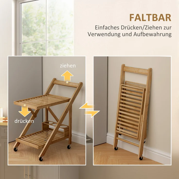 Küchenwagen auf Rädern, Servierwagen mit 3 Weinregalen, 2 Tabletts, für Küche, Esszimmer, Bambusholz, Hellbraun--Naturholz--70x40x66cm--YOUDENOVA – Bild 7