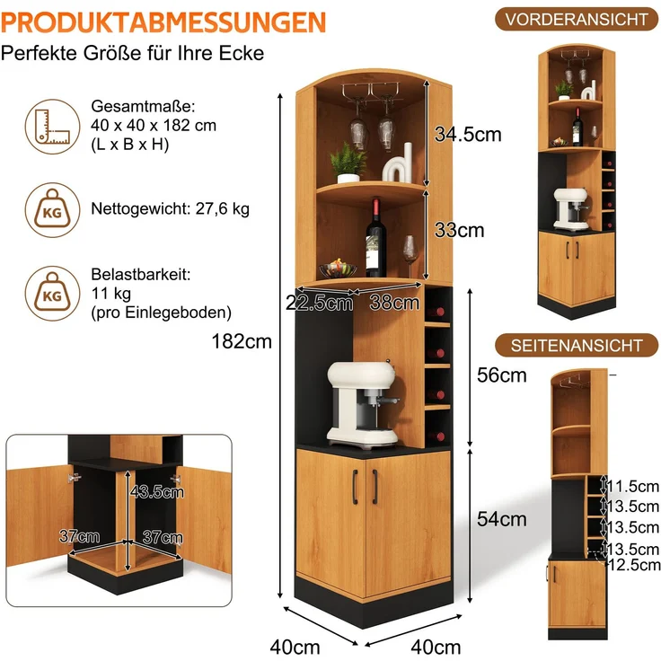 Eck-Weinschrank aus MDF mit Weinglasregal und 4 Weinfächern, 40x40x182 cm, Natur – Bild 3