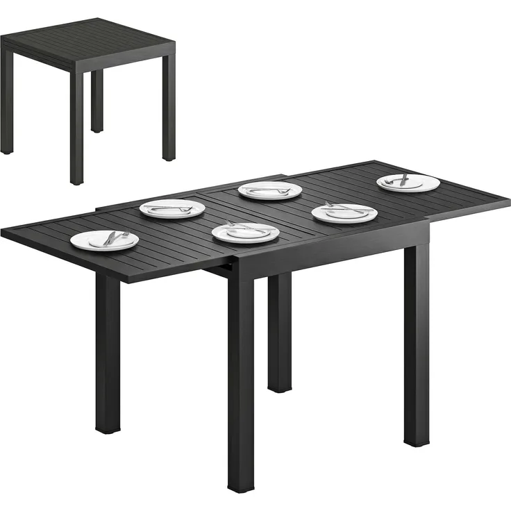 Ausziehbarer Gartentisch für 4–6 Personen mit integrierter Verlängerung, Aluminium, 80–160 x 80 cm, schwarz