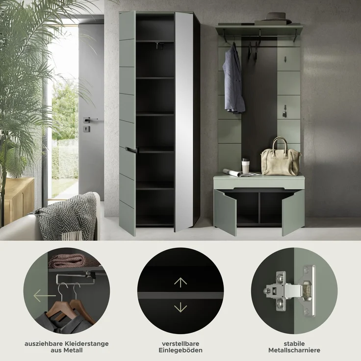 Garderobenkombination (B/H/T: 160x190x37 cm) in Smoke Green Nachbildung – Bild 7