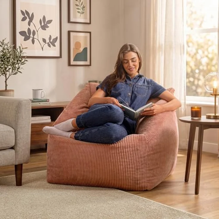 Icon Natalia Sitzsack Sessel für Erwachsene, Rosa, Flauschiger Cord Stoff, Riesen Sitzsack Cord mit Füllung, Bean Bag Chair, Bequemer Sessel Wohnzimmer, Lounge, Schlafzimmer, Büro – Bild 3