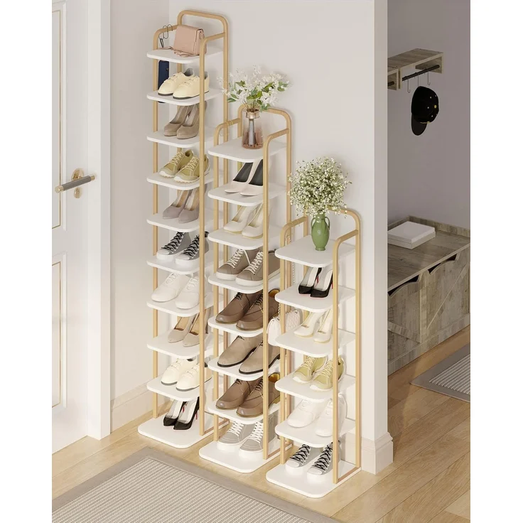 Vertikales Schuhregal, 10-stöckige Schuhregale, Schuhturm für Kleine Räume, Freistehend, Verstellbar, Platzsparend, Weiß Gold – Bild 3