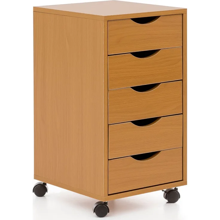 Wohnling Rollcontainer Buche MDF-Holz 5 Schubladen mit Rollen