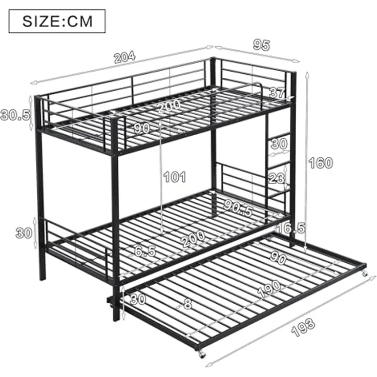 Ball & Cast Hochbett (90x200cm&90x190cm) Metall Kinderbett mit Absturzsicherung und Treppe, Etagenbett mit Ausziehbett für 3 Kinder, Schwarz – Bild 2