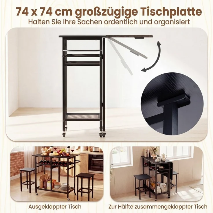 COSTWAY Esstisch, Set 3 tlg. mit 2 Hockern, klappbares Bartisch auf Rollen – Bild 2