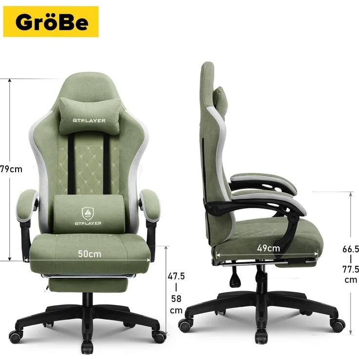 GTPLAYER Gaming Stuhl Ergonomischer Gaming Sessel Schreibtischstuhl mit Stoffoberfläche, Federsitzkissen, Verbindungsarmlehnen und Fußstütze grün – Bild 7