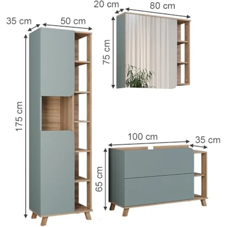 Vichy Badmöbel-Set Karen, 3-teilig, Sonoma/Blau, mit elegantem Waschbeckenunterschrank und geräumigem Spiegelschrank – Bild 2