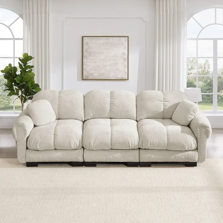 EINHOM 3-Sitzer Cloud-Sofa, inklusive 2 kleinen Dekokissen, Feines Steppdesign, Dicke Sitzkissen, Weich und Stützend, Ergonomisch geformte Rückenlehne, Einfach Aufzubauen, geeignet für das Wohnzimmer, Hellkhaki