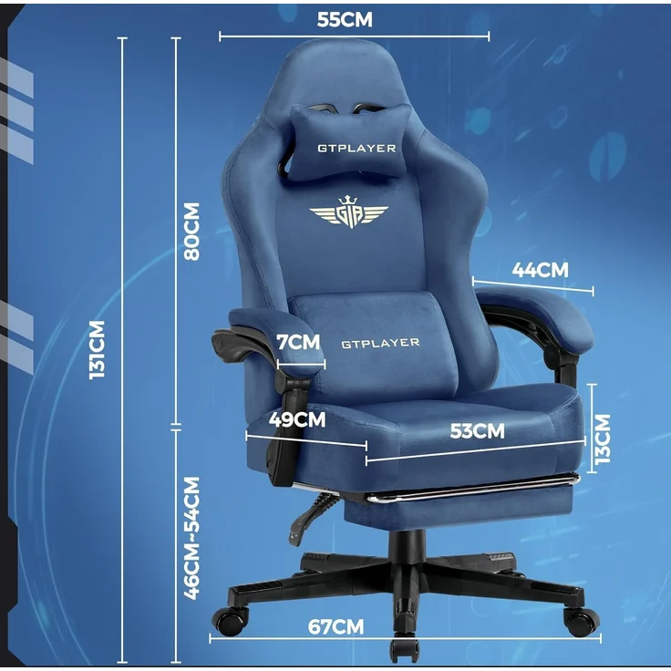 GTPLAYER Gaming Stuhl, Atmungsaktiver Bürostuhl, bürostuhl ergonomisch, Hochwertiger - Stoff, Ergonomischer PC Stuhl, 160° Verstellbare Rückenlehne und ausziehbare Fußstütze, Blau – Bild 8