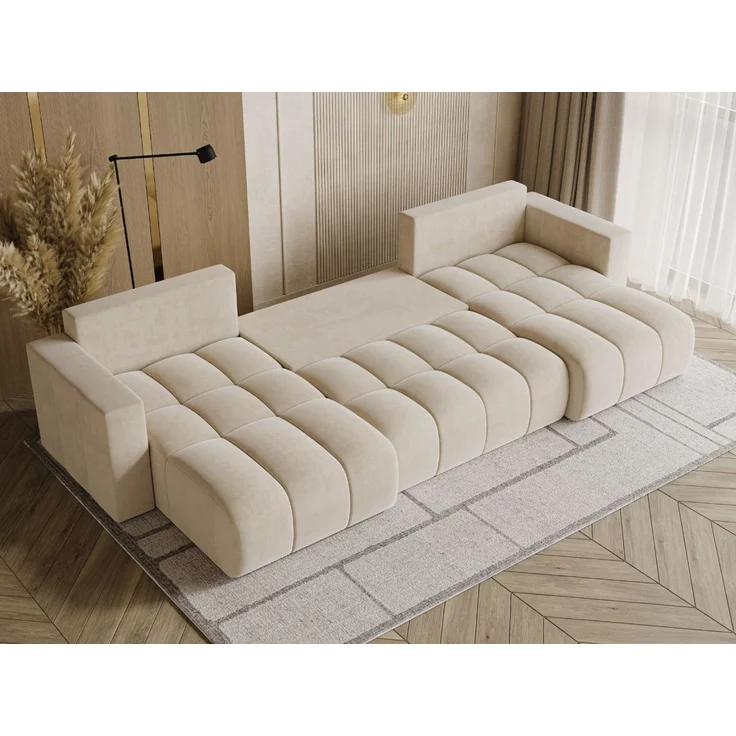 GRAINGOLD Ecksofa U-Form Neva U, Ecksofa mit Schlaffunktion, Bettkasten, mit losen Kissen, Velour-Stoff, Beige – Bild 4