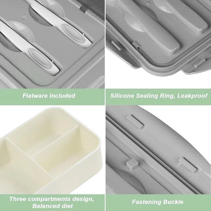 Lunchbox Bento Box Brotdose 3 Fächer Besteck Auslaufsicher Grau – Bild 2