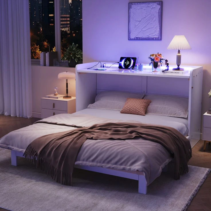 TavilaEcon Schrankbett mit USB, Steckdose, LED-Lichtleiste und Hochglanzplatte weiß Liegefläche 140 × 200 cm – Bild 8