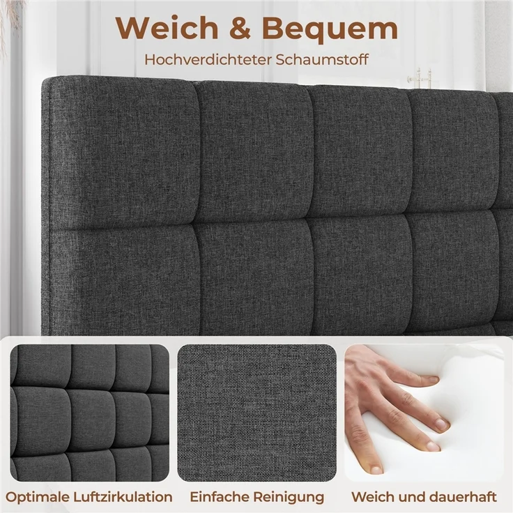 Yaheetech Polsterbett, 160x200 cm, mit höhenverstellbarem Kopfteil und Lattenrost, Dunkelgrau – Bild 5