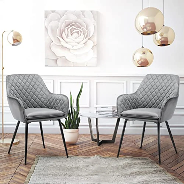Yaheetech Esszimmerstühle 2er Set Küchenstühle, Polsterstühle mit Armlehnen Metallbeine, Seesel aus Samtstoff für Arbeitszimmer/Wohnzimmer, Hellgrau – Bild 3