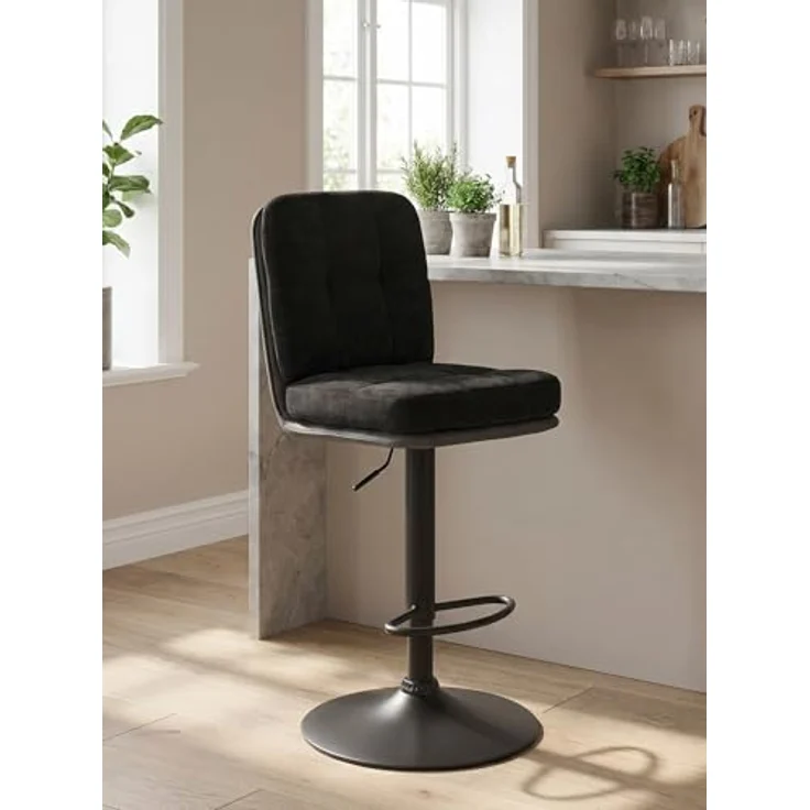 Hela Tische, 2er Set Barhocker Vila, Materialmix Webstoff Schwarz/Microfaser Anthrazit, 360° drehbar, Höhenverstellung mit Lift, 120kg belastbar – Bild 2