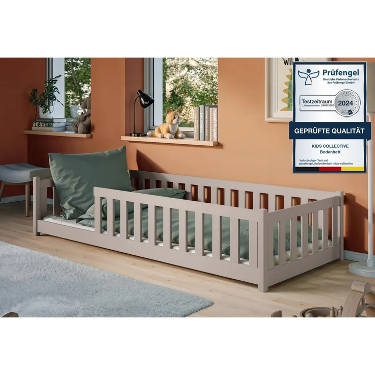 Kids Collective Kinderbett Bodenbett Bett mit Rausfallschutz & Lattenrost Montessori Bett Kinder (weitere Größen 80x180, 90x190, 90x200, 120x200, 140x200 cm), Jugendbett Einzelbett mit Matratze Kaschmir Kiefer 80x160 cm – Bild 1