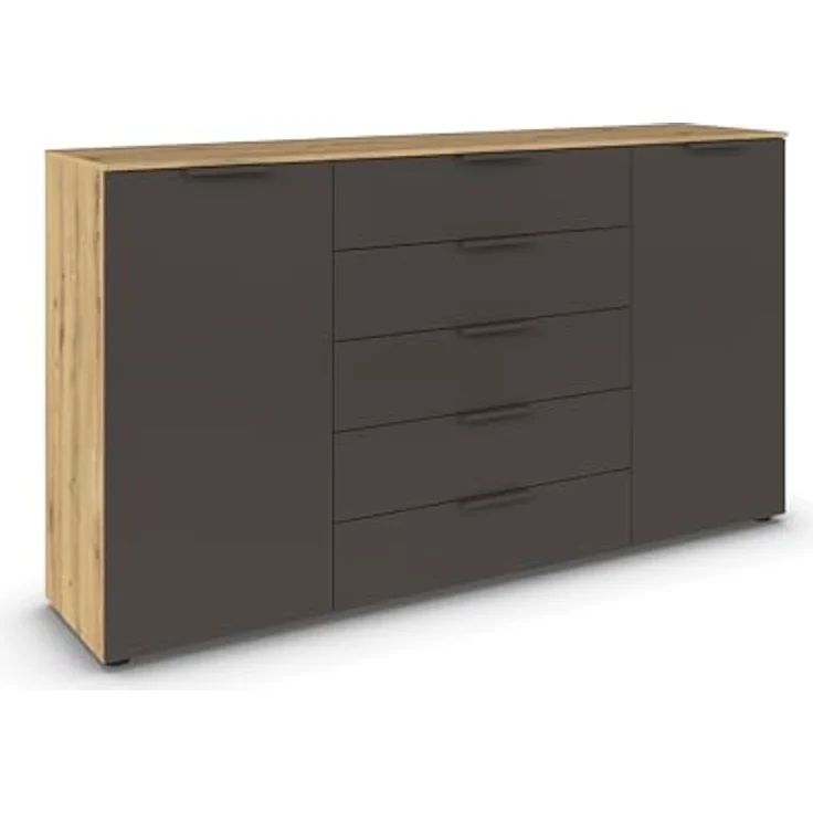 Rauch Möbel Flipp, Kommode für Schlafzimmer, Kinderzimmer, Wohnzimmer, Flur, Garderobe, 2-türig, 5 Schubladen, mit Softclose-Funktion, Farbe Eiche Artisan, Holz/Graphit, Schwarz, Breite 180 cm – Bild 2