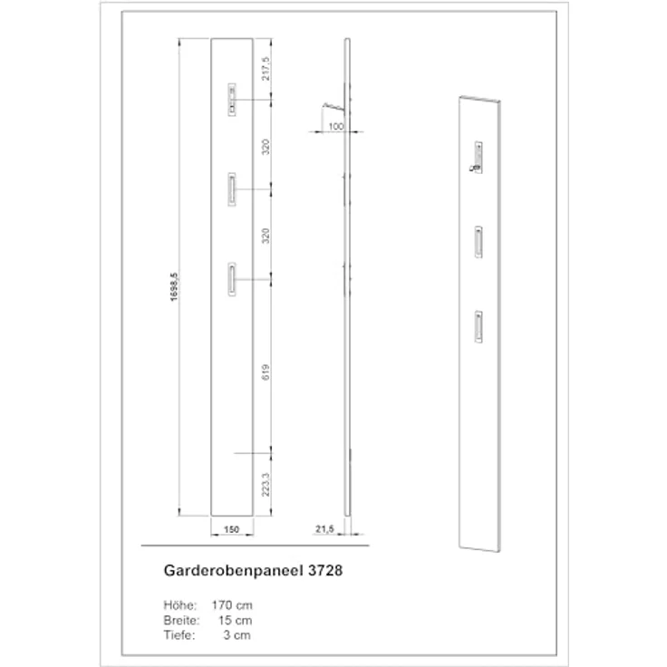 Germania Garderobenpaneel 3728-671 GW-Ameca, in Toffee, mit drei ausklappbaren Kleiderhaken aus Metall, 15 x 170 x 3 cm (BxHxT) – Bild 4