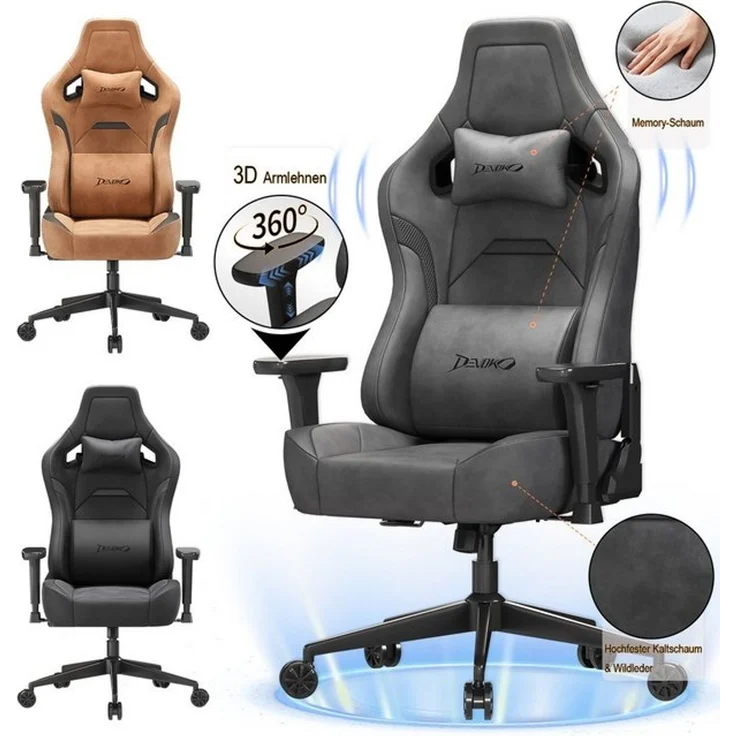 Devoko Gaming-Stuhl Luxuriöser Wildlederimitat,Ergonomisch & Großzügigem Sitz,Bürostuhl, Verstellbare Rückenlehne 90°–135°,3D-verstellbare Armlehnen – Bild 4