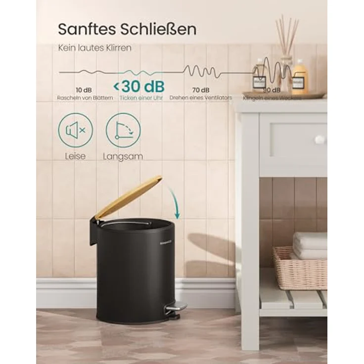 SONGMICS Kosmetikeimer, Mülleimer Bad, mit Deckel aus Bambus, Tretmülleimer mit Metallpedal, Inneneimer herausnehmbar, Softclose, für Badezimmer, 6 Liter, tintenschwarz LTB116BZ01 – Bild 5