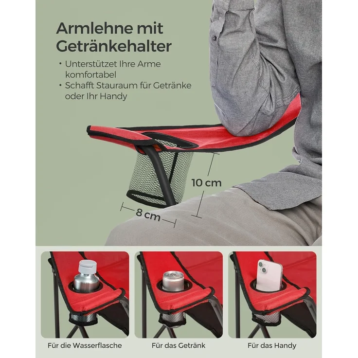 SONGMICS Campingstuhl, klappbar, Klappstuhl, bequemer mit Schaumstoff gepolsterter Sitz, mit Flaschenhalter, hoch belastbar, max. Belastbarkeit 250 kg, Outdoor Stuhl, rot GCB06BK – Bild 8