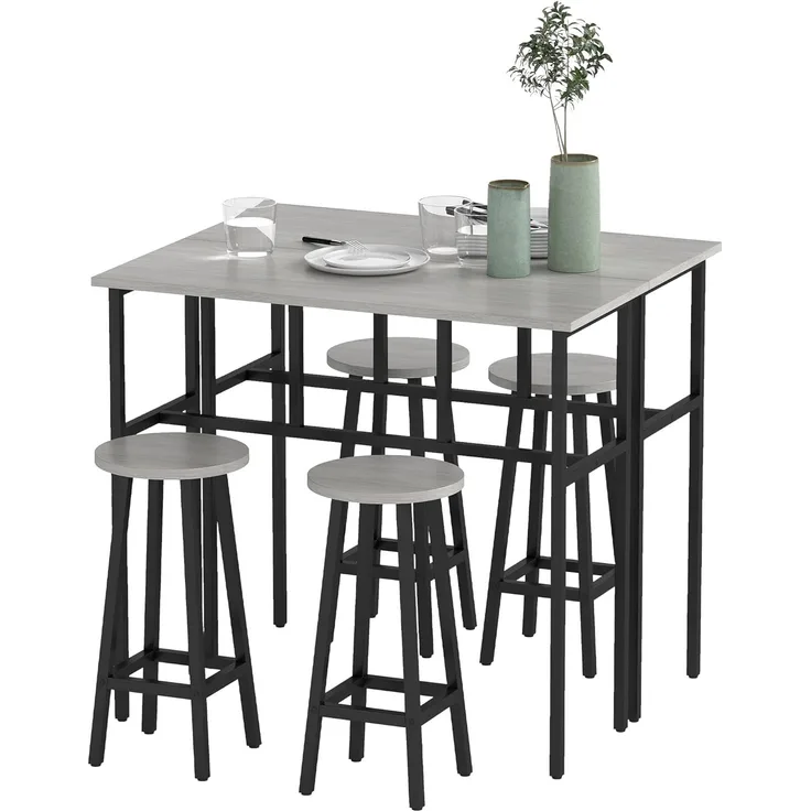 HOMCOM Bargruppe Bartisch-Set im Industriedesign, (Set, 6-tlg), 6-teilig Essgruppe 2 Bartisch mit 4 Stühlen Grau, Schwarz