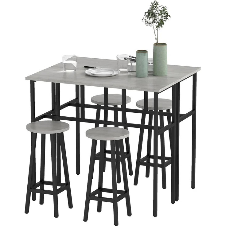 HOMCOM Bargruppe Bartisch-Set im Industriedesign, (Set, 6-tlg), 6-teilig Essgruppe 2 Bartisch mit 4 Stühlen Grau, Schwarz