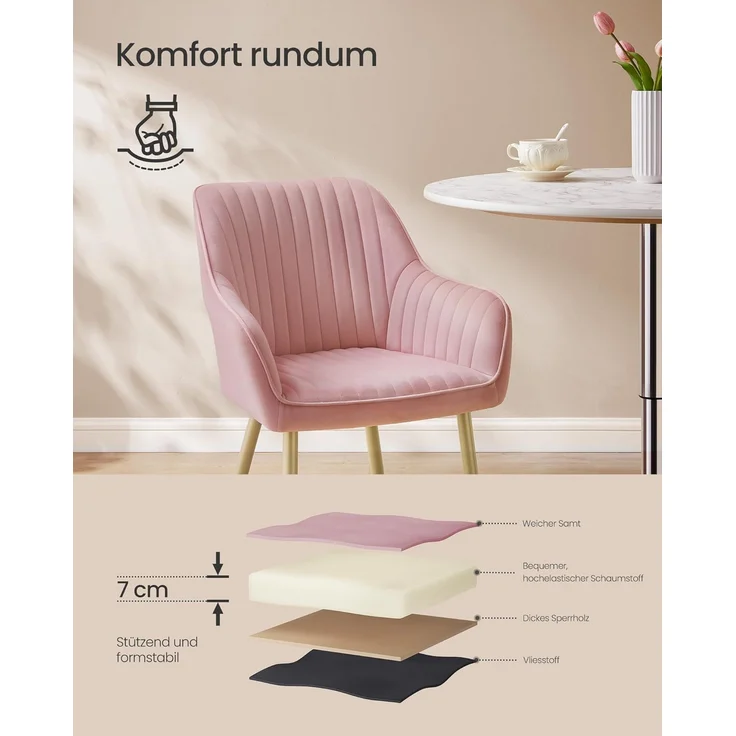SONGMICS Esszimmerstuhl mit Armlehnen, Samt, 62,5 x 60 x 85 cm, 1x Armlehnenstuhl, Pastellrosa – Bild 4