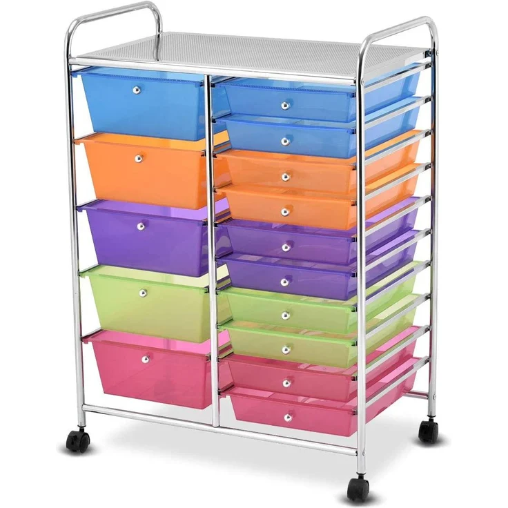 COSTWAY Rollwagen Metallgestell, Rollcontainer rollbar, Badrollwagen mit Bremsen, Aufbewahrungswagen Plastik, 15 stapelbaren Schubladen stapelbar