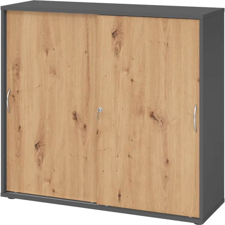 bümö Schiebetürenschrank 3OH - Aktenschrank abschließbar, Sideboard Schrank mit Schiebetüren in Graphit/Asteiche, Bogengriff - Büroschrank aus Holz mit Schiebetür, Büro Kommode für Ordner & Co, 1753S-G-R-BM