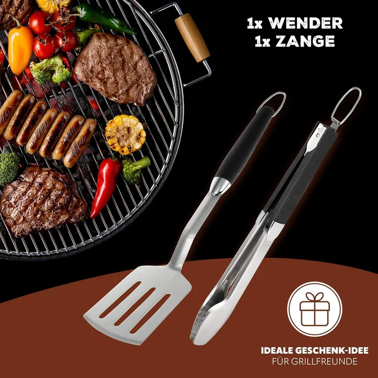 Grill-Besteck 2tlg. / Zange und Wender / langes Grillzubehör aus Edelstahl mit Softgriff – Bild 6