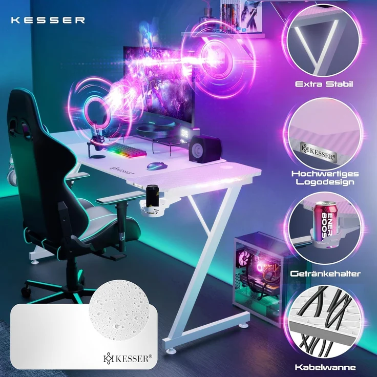 KESSER® Gaming Tisch LED | Z-Form Gamer Schreibtisch | Kopfhörerhaken & Kohlebeschichtung | Ergonomischer PC Computertisch | Stabiler Tisch mit Mauspad & Getränkehalter Weiß Carbon, 140 x 60 cm – Bild 3