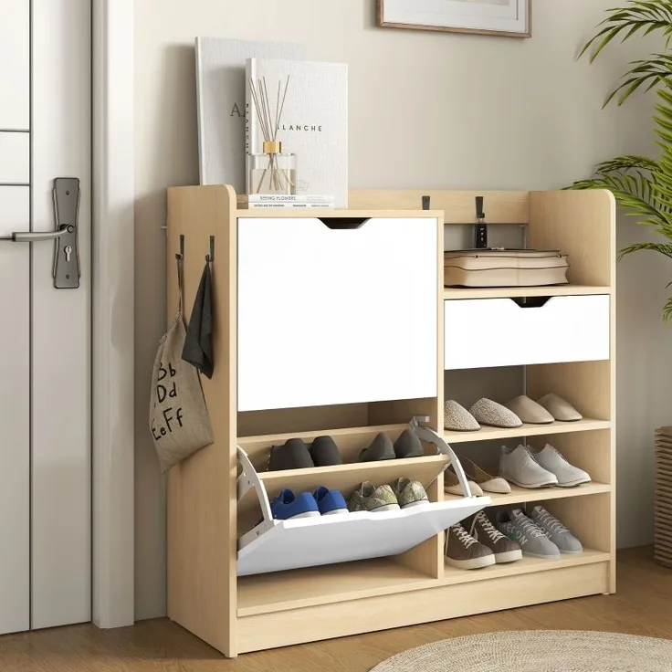 Schuhschrank Mit Umklappbaren Schubladen & Haken - Schuhkipper Modern Mit Holzoptik Und Kippschutz, Bis EU 45