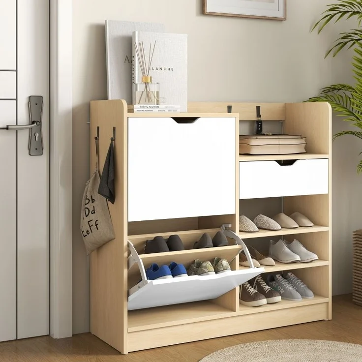 Schuhschrank Mit Umklappbaren Schubladen & Haken - Schuhkipper Modern Mit Holzoptik Und Kippschutz, Bis EU 45 – Bild 1