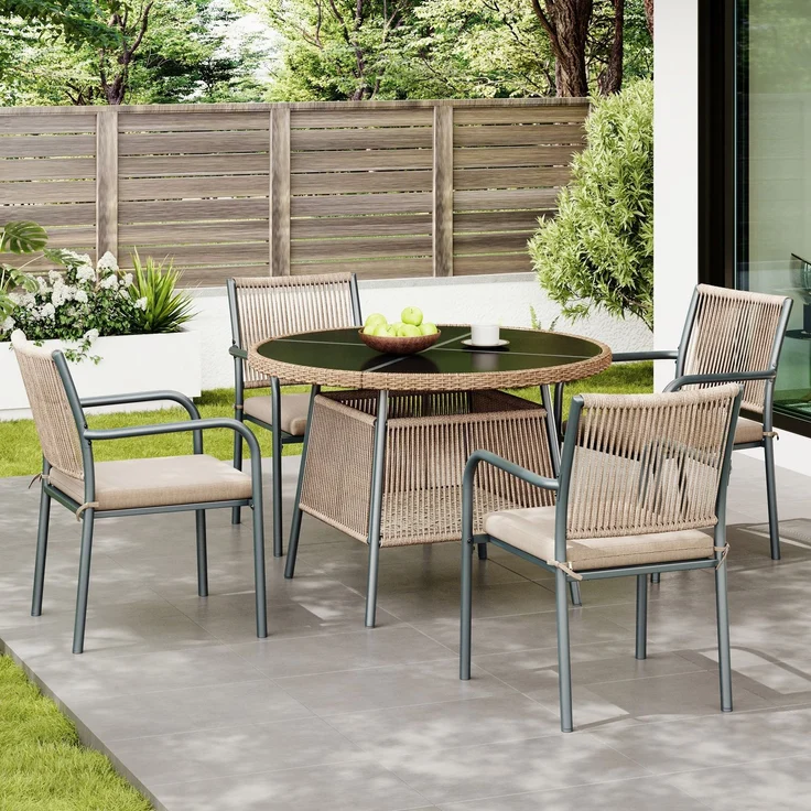 LVHOM 5-tlg. Gartenmöbel-Set, Sitzgruppe mit rundem Glastisch und 4 Polyrattan-Armlehnstühlen, inkl. Sitzpolster, Terrassenmöbel für 4 Personen, Wetterfest – Bild 8