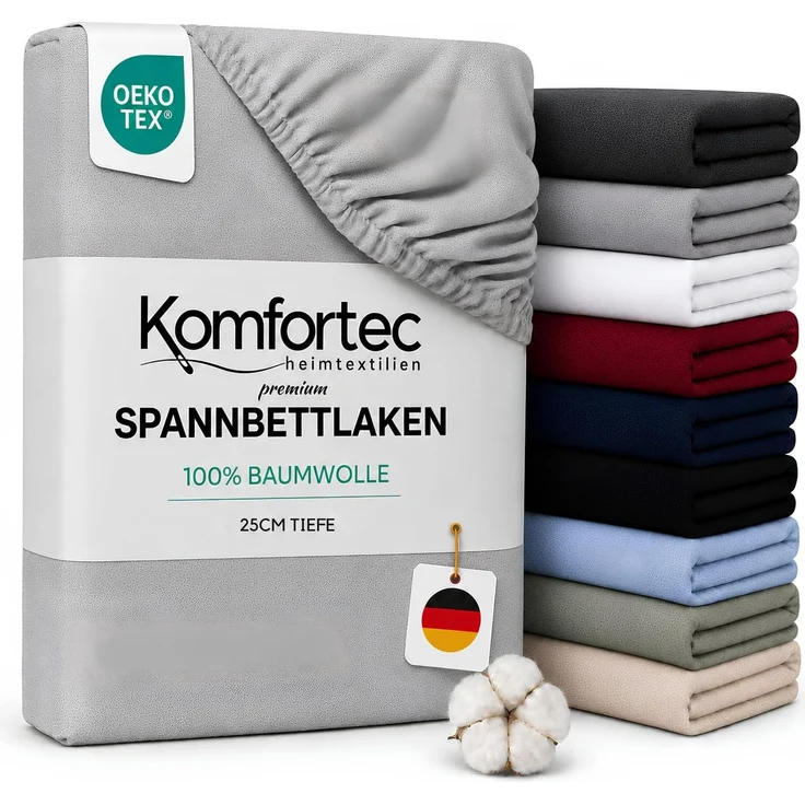 Komfortec Spannbettlaken Jersey 100% Baumwolle 140x200 bis 25 cm - Grau