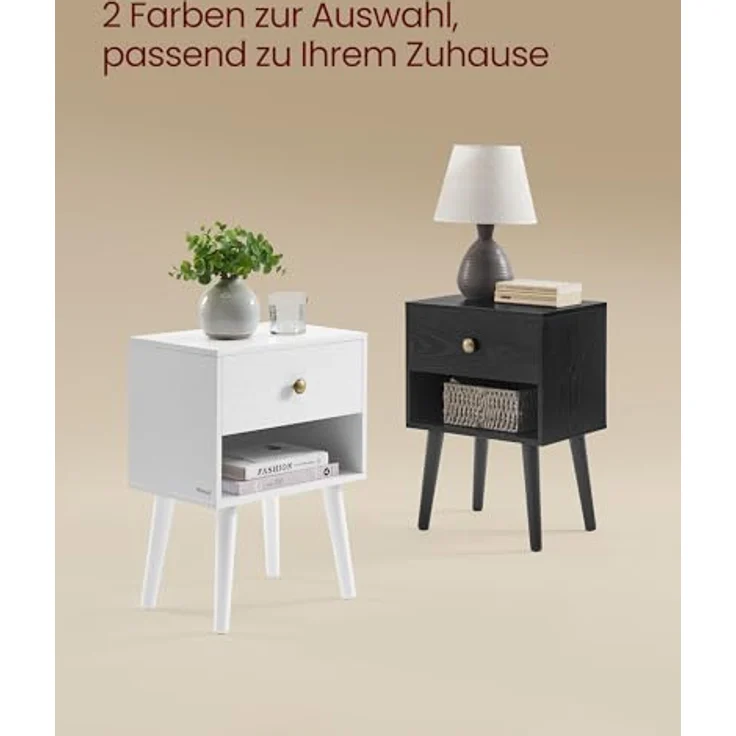 Vasagle Nachttisch, Beistelltisch mit Schublade und offener Ablage, Holzbeine, Couchtisch für Wohnzimmer, Schlafzimmer, Sofa, schneeweiß – Bild 7