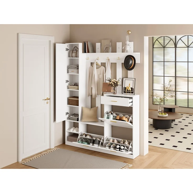 Garderoben-Set mit Spiegel, 3 Schuhkippern, 1 Schublade & vielen Haken – Platzsparende Garderoben-Kompaktgarderobe für Diele & Flur, Weiß, 133x23,5x180 cm--Weiß--133x23.5x180cm--YOUDENOVA – Bild 8