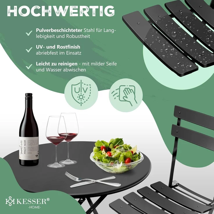 KESSER® Bistroset, 3-tlg, 2 klappbare Stühle, Gartentisch, inkl. Abdeckung, Metall Schwarz – Bild 4