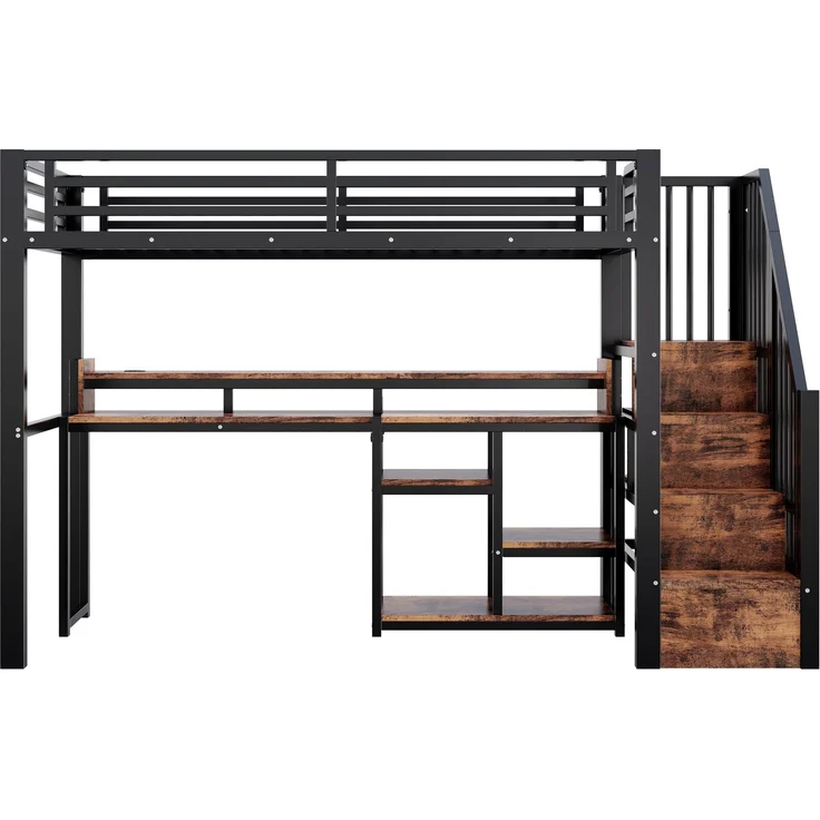 Hochbett, 90 x 200 cm, Metallbettgestell, Leiterschrank, Ablagefach, USB + Typ-C, LED-Lichtleiste, Ohne Matratze, Schwarz – Bild 10