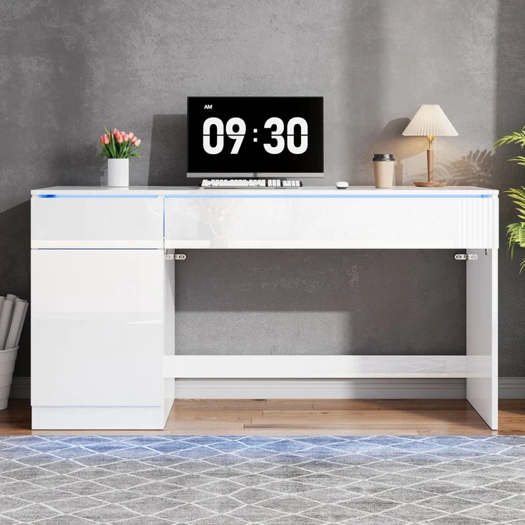 Schreibtisch aus Spanplatte mit LED-Beleuchtung und Stauraum, 120x50x78 cm, Weiß – Bild 3
