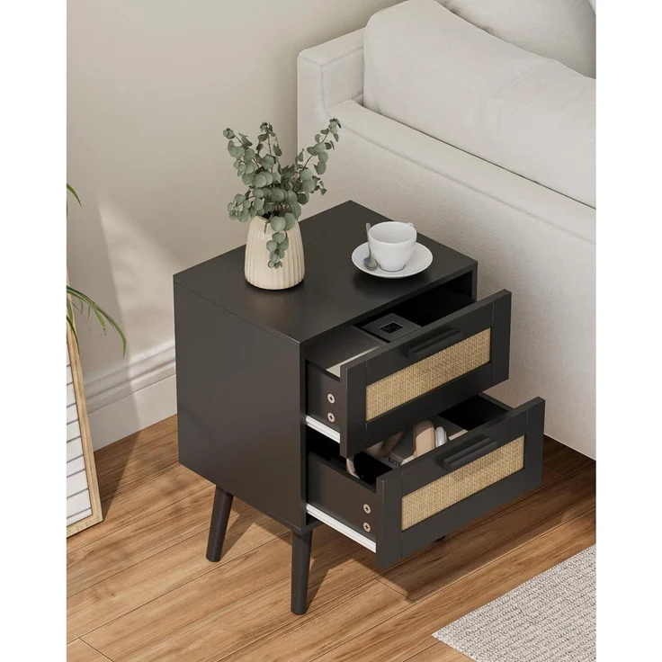 Rattan Nachttisch mit Schublade Beistelltisch Holzbeine Schlafzimmer Wohnzimmer – Bild 5