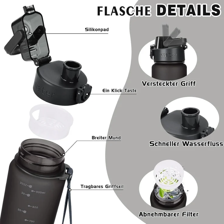 AOPREL Trinkflasche 1 Liter BPA-frei, auslaufsicher, für – Bild 2