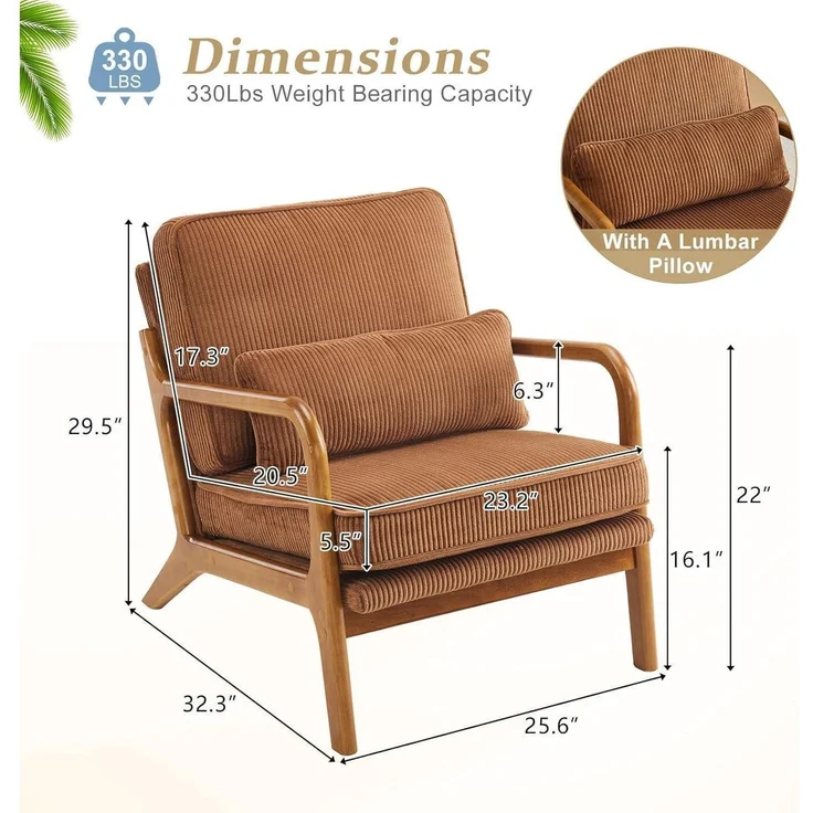 Sessel Cocktailsessel Ohrensessel Massivholz Cordstoff Braun – Bild 2