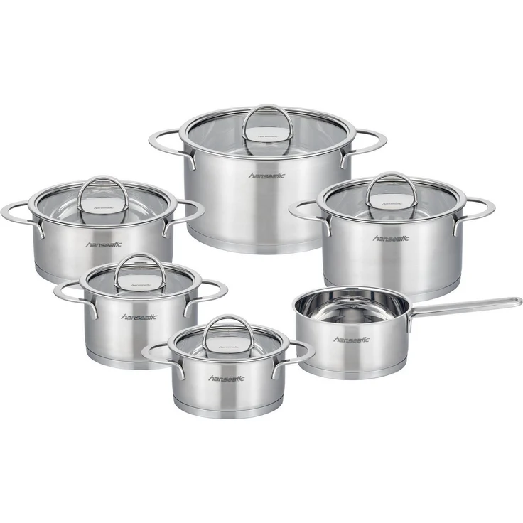 Hanseatic Topf-Set hanseatic, Edelstahl 18/10 (Set, 11-tlg, Fleischtopf 16/20/24 cm, Bratentopf 16/20 cm, Stielkasserolle 16 cm), handfreundliche Kaltmetallgriffe, Literskala, Glasdeckel, Induktion – Bild 1