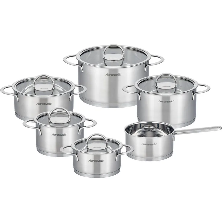 Hanseatic Topf-Set hanseatic, Edelstahl 18/10 (Set, 11-tlg, Fleischtopf 16/20/24 cm, Bratentopf 16/20 cm, Stielkasserolle 16 cm), handfreundliche Kaltmetallgriffe, Literskala, Glasdeckel, Induktion