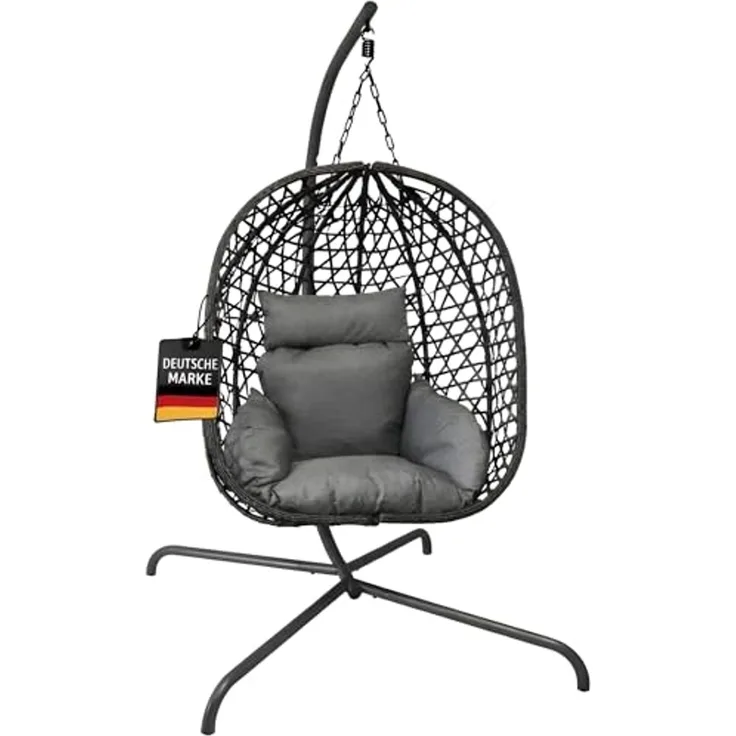 BURI Hängesessel mit Gestell | Robuster Hängestuhl in Anthrazit | Hängeschaukel für Indoor und Outdoor | Balkon Hängekorb Inkl. Kissen | leichter Aufbau