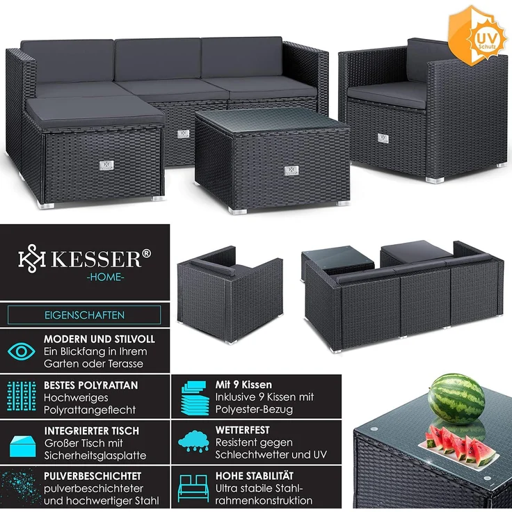 KESSER® Polyrattan Lounge Aruba – Gartenlounge für 4-5 Personen Gartenmöbel-Set Sitzgruppe aus 3er Gartensofa, Sessel, Hocker und Beistelltisch mit Sitzkissen - für Garten, Terrasse und Balkon Anthrazit – Bild 2
