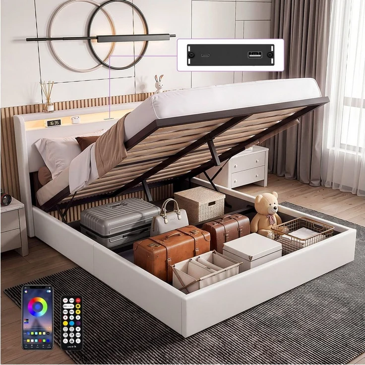 oyajia Polsterbett Bettrahmen mit LED-Beleuchtung und Ladestation, PU-Kunstleder (Type-C + USB, Hydraulisch hebbarer Stauraum), Jugendbett Bettgestll mit Bettkasten, Ohne Matratze – Bild 2