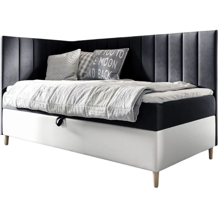 MEBLINI Kinderbett mit Bettkasten MAYA 3 80x200 Links – H3/Schwarz Samt Gepolstert Einzelbett mit Matratze - Polsterbett mit Stauraum - Bett mit Kopfteil – Stauraumbett